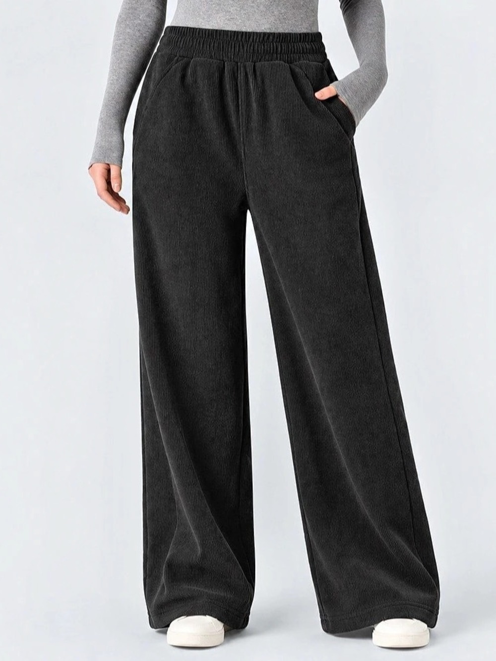 Halara High Waisted Wide Leg Black Corduroy Pull On Pants